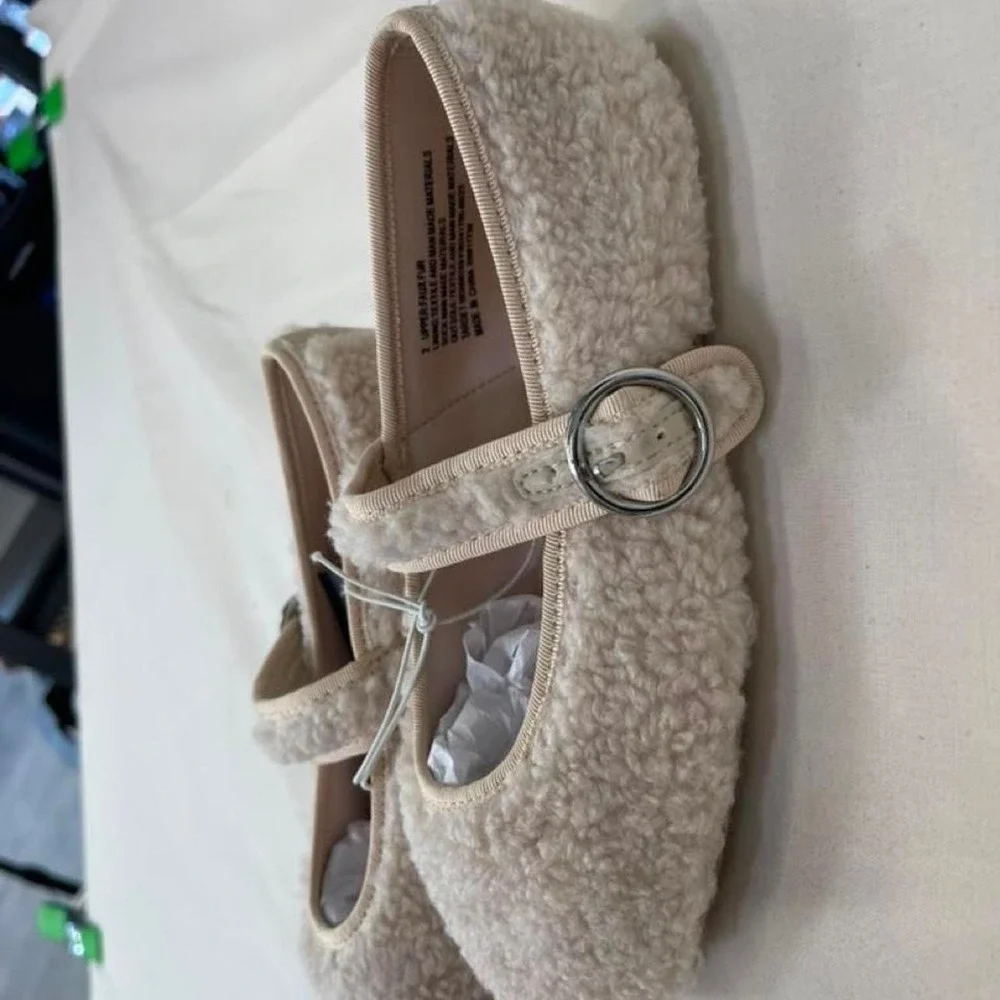 Cream & tan faux fur Mary Jane ballet flats
